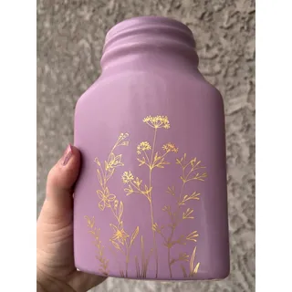 Photo of Decorative Lavender Purple Colored Mason Jar Vase with Gold Floral Designs