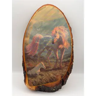 Photo of Vintage Live-Edge Wood Plaque, Pink Unicorn with Baby Unicorn, Wall Hanging