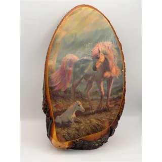 Photo of Vintage Live-Edge Wood Plaque, Pink Unicorn with Baby Unicorn, Wall Hanging
