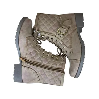 Photo of G by Guess Combat Boots Women’s 6 Beige Quilted Lace Up Buckle Gold Zip Casual