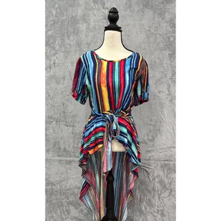 Photo of Cheeky Vintage Multicolor Stripe Mod Handkerchief Hem Dress Tie Waist Size M USA