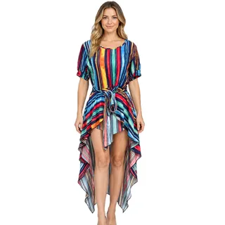 Photo of Cheeky Vintage Multicolor Stripe Mod Handkerchief Hem Dress Tie Waist Size M USA