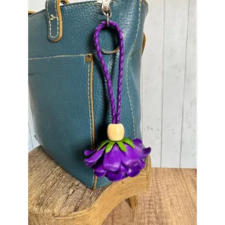 Photo of Leather Purple Flower Purse Charm Genuine Leather Rose Bag Charm NEW FAST SHIP