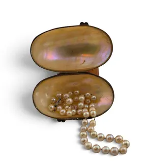 Photo of Vintage Mother of Pearl Egg Trinket Box Case Genuine Pearl Necklace 16"
