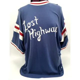 Photo of Lacey Lee Lost Highway Shirt 2XL Blue Graphic Football Jersey Cotton Stripe Sleeve