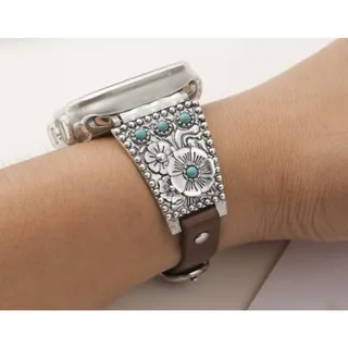 Photo of Cowgirl Apple Watch Band, Zinc Alloy W/Turquoise & Faux Brown Leather, NEW