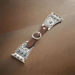 Photo of Cowgirl Apple Watch Band, Zinc Alloy W/Turquoise & Faux Brown Leather, NEW
