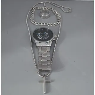 Photo of Silver Tone Quartz Watch Black Dial Blue Markers Date + Cross Jewelry Set