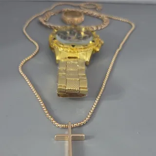 Photo of Gold Tone Jewelry 5 Pc Set w/ Watch, Necklace, Bracelet, Ring & Cross Pendant