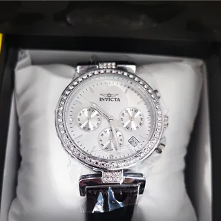 Photo of Invicta Women's Quartz Watch Silver Dial Chronograph Date Black Leather Strap