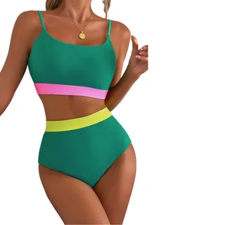 Photo of Sea Green Contrast Trim Color Block Patchwork High Waisted Bikini New S-2XL