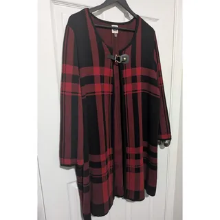 Photo of Anne Klein Plaid Longline Cardigan Sweater Red Black Buckle Front Size 3X
