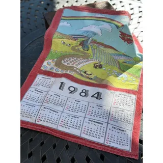Photo of Vintage 1984 Calendar Kitchen Towel Farm Scene Rainbow Tractor Country Decor
