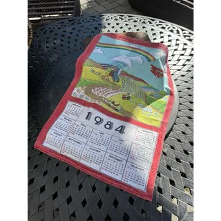 Photo of Vintage 1984 Calendar Kitchen Towel Farm Scene Rainbow Tractor Country Decor