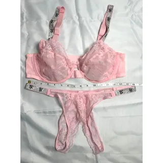 Photo of Victoria's Secret Very Sexy Pink Lace Rhinestone Bra 38D Thong XL Set NWT