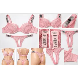 Photo of Victoria's Secret Very Sexy Pink Lace Rhinestone Bra 38D Thong XL Set NWT