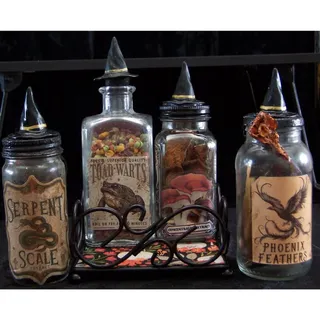 Photo of OOAK Gothic Apothecary Potion Bottle Set with Display Rack – Brand New