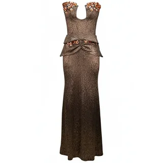 Photo of NWT Miss Rosier Laïs Brown Floral Ruched Textured Maxi Dress Sz S