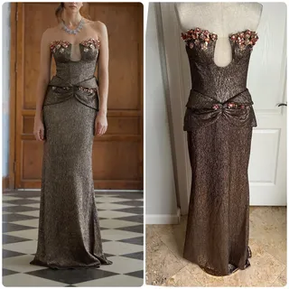 Photo of NWT Miss Rosier Laïs Brown Floral Ruched Textured Maxi Dress Sz S