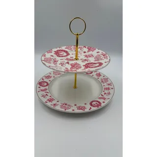 Photo of Grace Teaware Christmas Pink Bow 2 Tier Porcelain Serving Tray Gold Trim