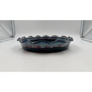 Photo of Signed Studio Art Pottery Pie Plate 11” Ruffled Rim Blue Mauve Handmade Ceramic