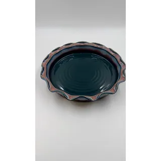 Photo of Signed Studio Art Pottery Pie Plate 11” Ruffled Rim Blue Mauve Handmade Ceramic