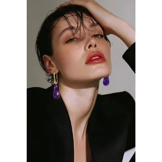 Photo of Macy’s 14K Gold Plated Genuine Stone Teardrop Amethyst Purple Earrings