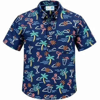 Photo of Chubbies "The One Man Wolf Pack" Men's Medium Blue Neon Flamingo Hawaiian Shirt