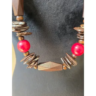 Photo of Red Brown Wood Beaded Long Boho Statement Necklace