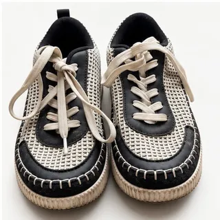 Photo of Black White Woven Mesh Platform Sneakers Whipstitch Lace Up Low Top Trainers 6.5
