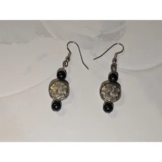 Photo of Attractive Vintage 1980s Rustic Silver-Tone Black Beaded Disc Dangle Earrings