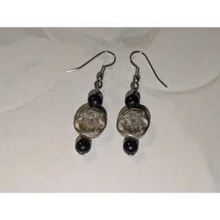 Photo of Attractive Vintage 1980s Rustic Silver-Tone Black Beaded Disc Dangle Earrings