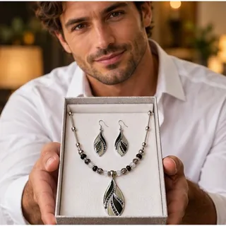 Photo of Croft & Barrow Grey Enamel Leaf Rhinestone Necklace & Earring Set NWT