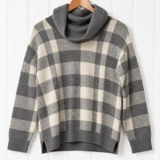 Photo of Olivia Sky Plaid Cowl Neck Sweater Womens M Gray Ivory Pullover NWT