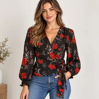 Photo of Madewell 100% Silk Smocked-Sleeve Floral Wrap Large blouse 