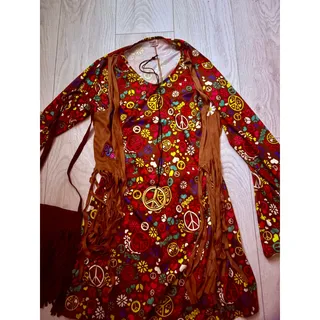 Photo of Spirit Halloween Hippie Costume M/L Peace Dress Fringe Vest Bag 60s 70s Boho