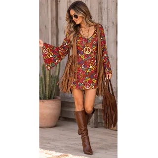 Photo of Spirit Halloween Hippie Costume M/L Peace Dress Fringe Vest Bag 60s 70s Boho