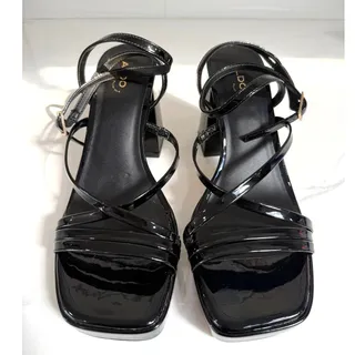 Photo of ALDO Black Patent Strappy Sandals Block Heel Square Toe Dressy Ankle Buckles 8.5