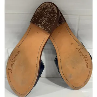 Photo of Sam Edelman Navy Croc Embossed Buckle Slide Sandals Women's 7.5 Flat Square Toes