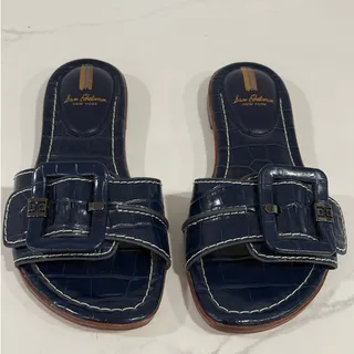 Photo of Sam Edelman Navy Croc Embossed Buckle Slide Sandals Women's 7.5 Flat Square Toes