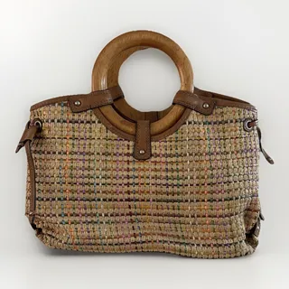 Photo of Vintage Fossil Womens Tote Handbag - Woven Wood Ring Handles 44” Strap