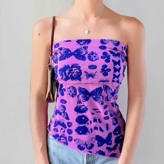 Photo of Urban Outfitters Women's Butterfly Print Uo Y2k Asymmetrical Ruching Tube Top