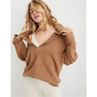 Photo of Aerie CozyUp Waffle Quarter Zip Sweater in Cappuccino Brown