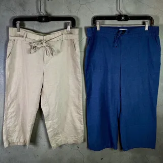 Photo of Liz Claiborne Set of 2 Women's Medium Linen Cotton Blend Capri Pants Blue Khaki