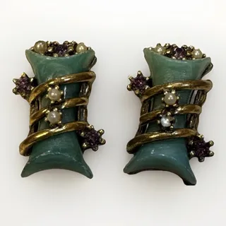 Photo of Vintage Lucite Clip On Earrings - Gold Tone Swirled Green