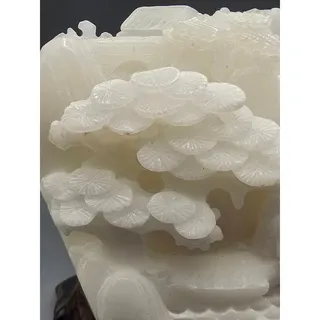 Photo of Chinese White Nephrite Jade Landscape Carving on Wood Stand 4in