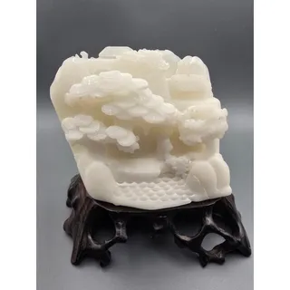 Photo of Chinese White Nephrite Jade Landscape Carving on Wood Stand 4in