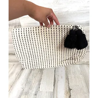Photo of Zara Trafaluc Cream Black Woven Cotton Tassel Zip Clutch Bag Boho NEW