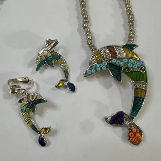 Photo of Vintage Dolphin Enamel Beaded Pendant Necklace Clip On Earrings Fashion Set Blue