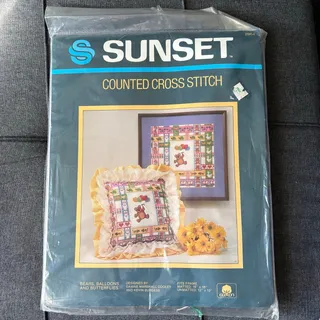 Photo of Bears, Balloons, & Butterflies Vintage Counted Cross Stitch Kit by Sunset 1980s